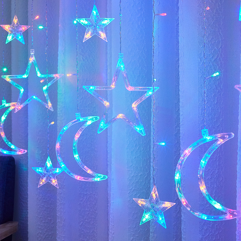 Solar Waterproof 8modes 138led Curtain Star Moon Twinkle Solar String Lights For Home Christmas Holiday Ramadan Decoration