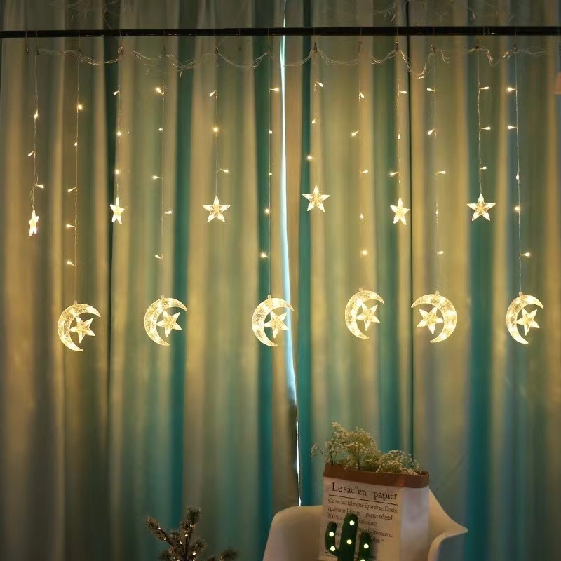 Solar Waterproof 8modes 138led Curtain Star Moon Twinkle Solar String Lights For Home Christmas Holiday Ramadan Decoration