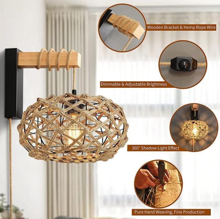 Plug in Bamboo dimmable plug-in wall light Adjustable Hanging wooden wall lamp Mounted Lamp Rustic Woven wall lamp