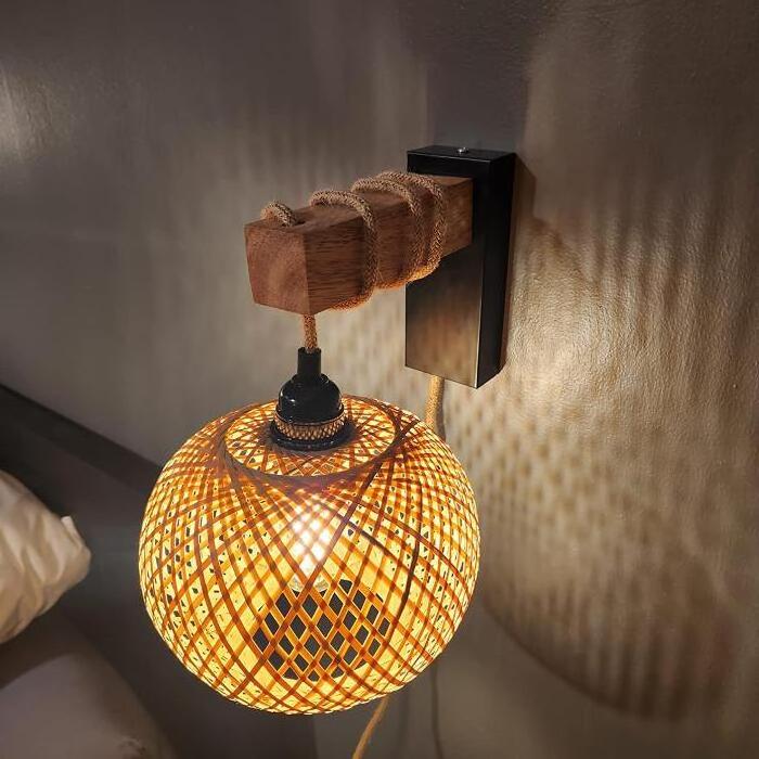 Plug in Bamboo dimmable plug-in wall light Adjustable Hanging wooden wall lamp Mounted Lamp Rustic Woven wall lamp