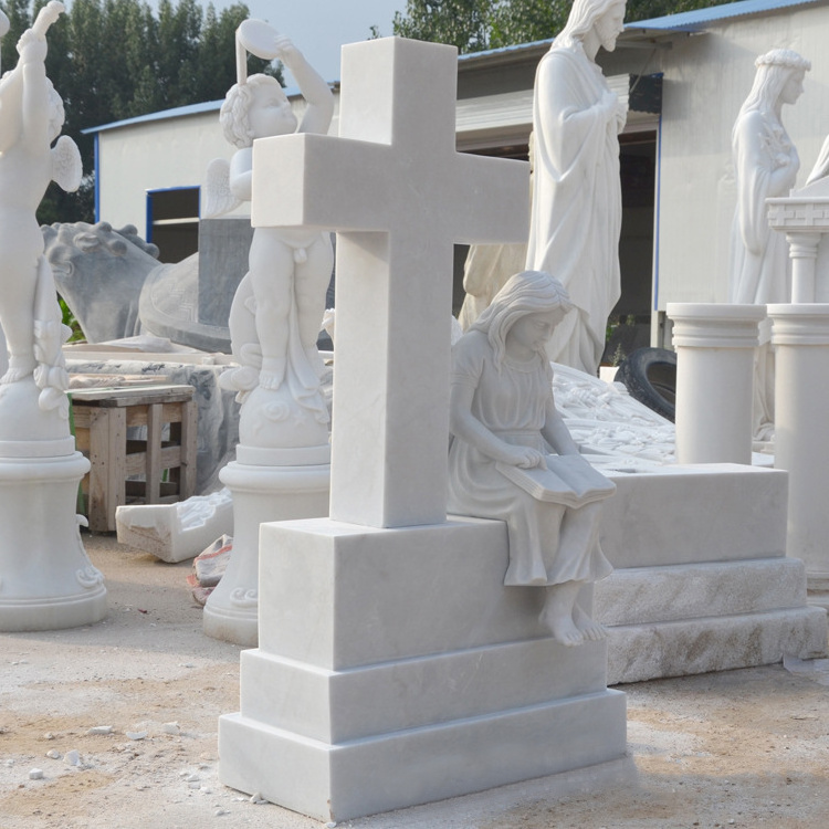 White Marble Cross Tombstone Angel Headstone Gravestone