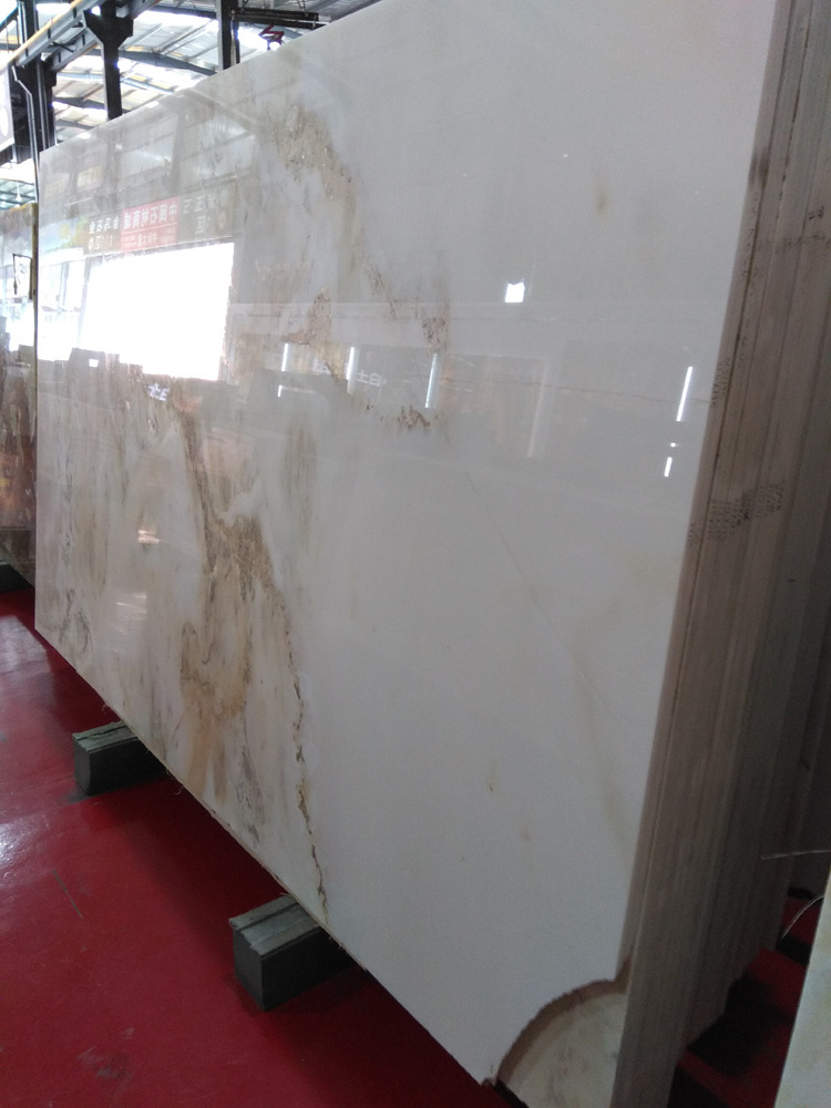 Natural Customized Wall Floor Tile White Color  Stone Onyx Jade Slab With Brown Veins