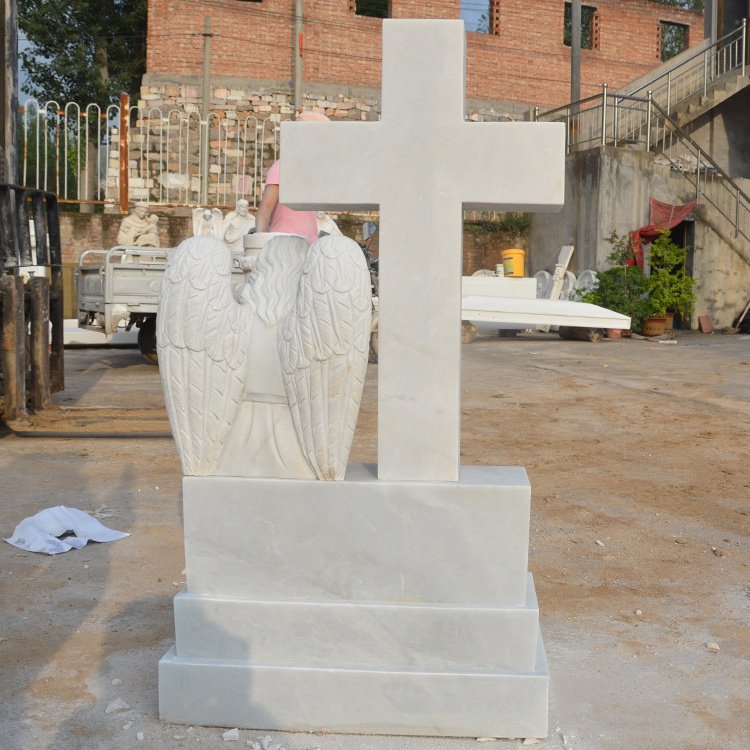 White Marble Cross Tombstone Angel Headstone Gravestone