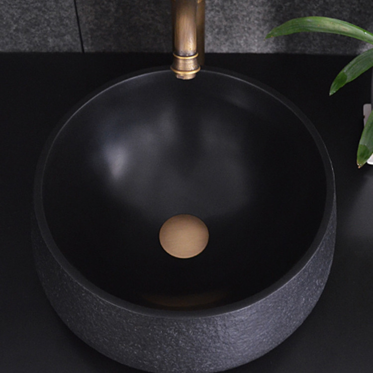 Indoor Polished Black Stone Round Bathroom Sink