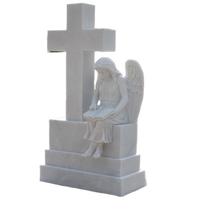 White Marble Cross Tombstone Angel Headstone Gravestone