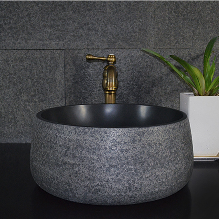 Indoor Polished Black Stone Round Bathroom Sink