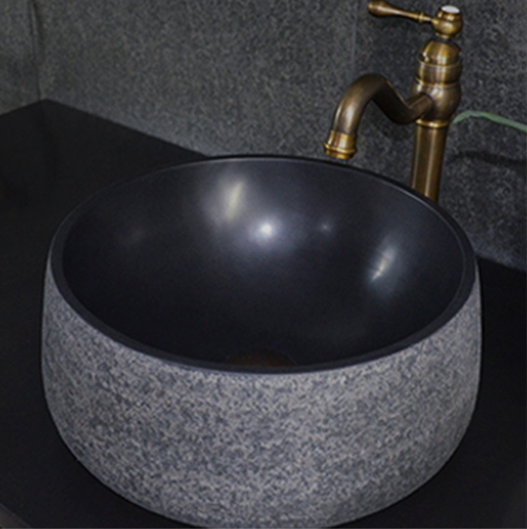 Indoor Polished Black Stone Round Bathroom Sink