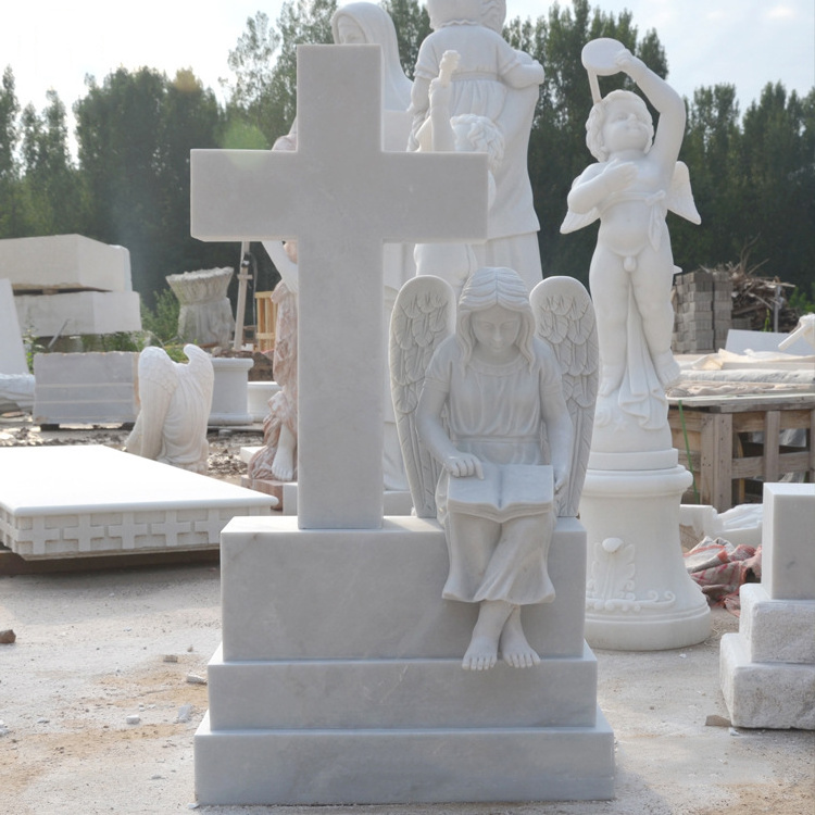 White Marble Cross Tombstone Angel Headstone Gravestone