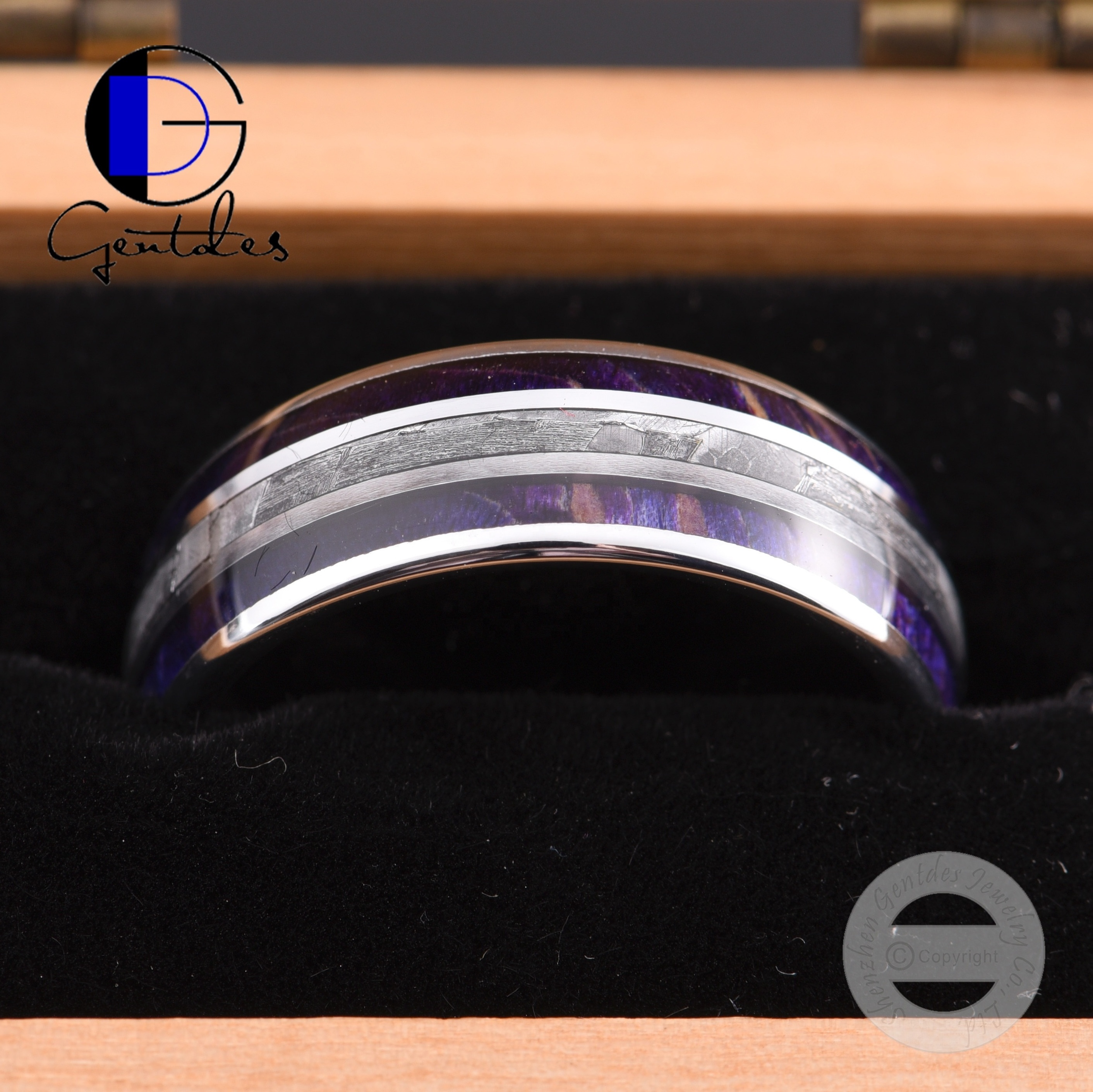 Gentdes Jewelry 8MM Dome Silver Tungsten Ring Real Meteorite& Wood Inlay Wedding Ring Men Wedding Band