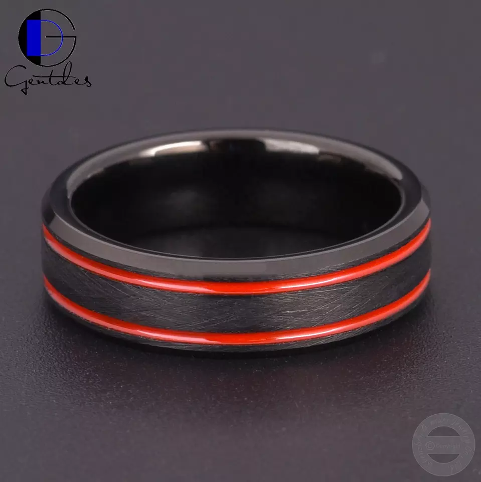 Gentdes Jewelry Wholesale Two-Tone Red Epoxy Groove And Matt Black Tungsten Carbide Wedding Ring For Men