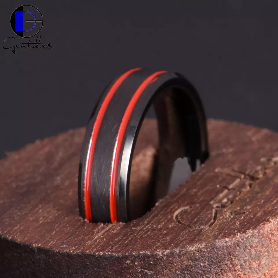 Gentdes Jewelry Wholesale Two-Tone Red Epoxy Groove And Matt Black Tungsten Carbide Wedding Ring For Men