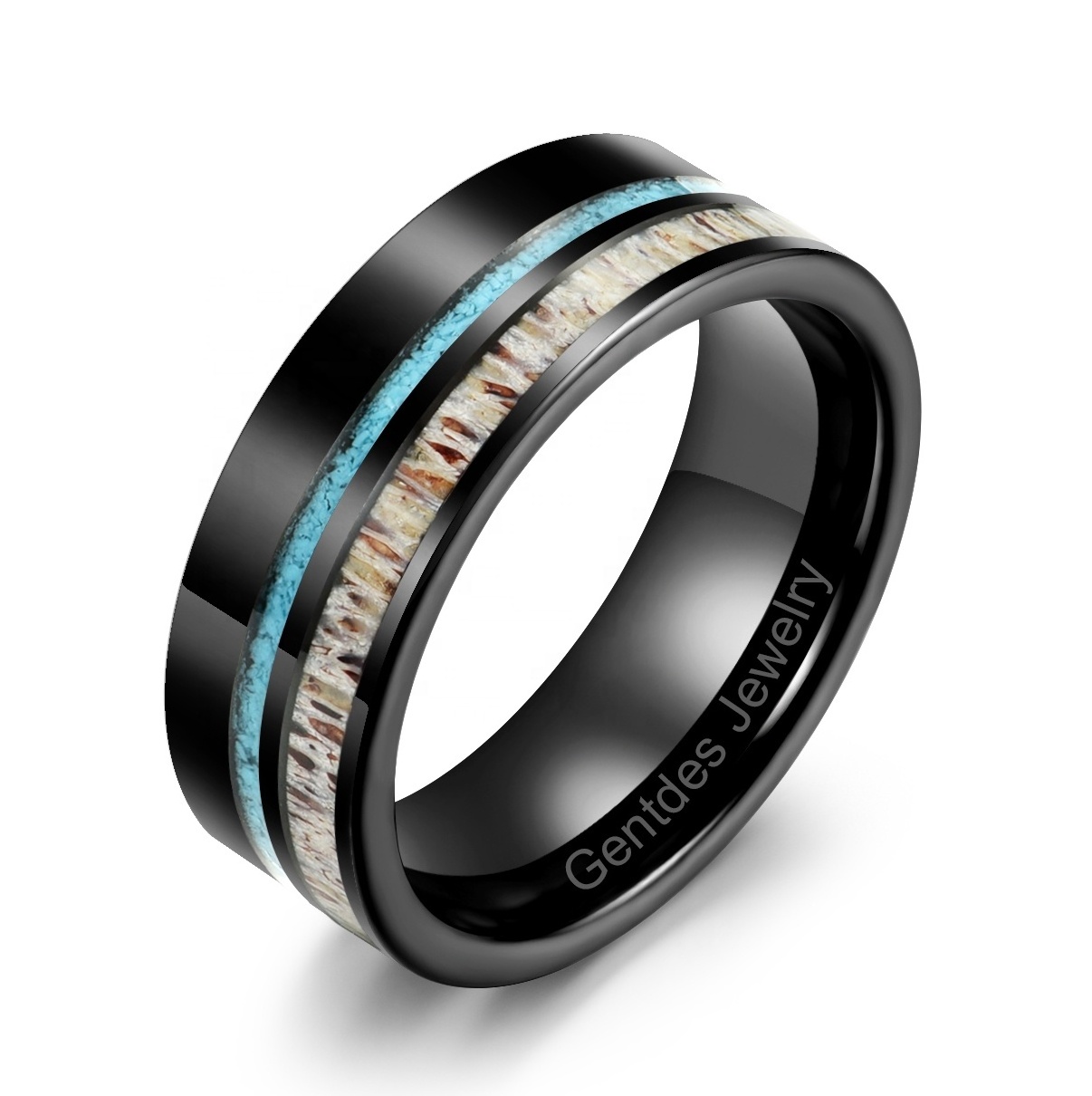 Gentdes Jewelry Custom Black Tungsten Inlay Turquoise And Antler Men's Wedding Ring Fashion Engagement Wedding Band