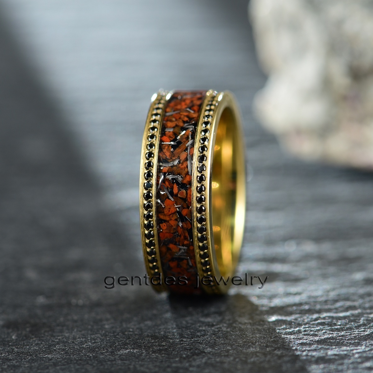 Gentdes Jewelry New Style Gold Titanium For Gift Dinosaur Bone And Meteorite Chip And CZ Stone On Two Side Inlay Titanium Ring