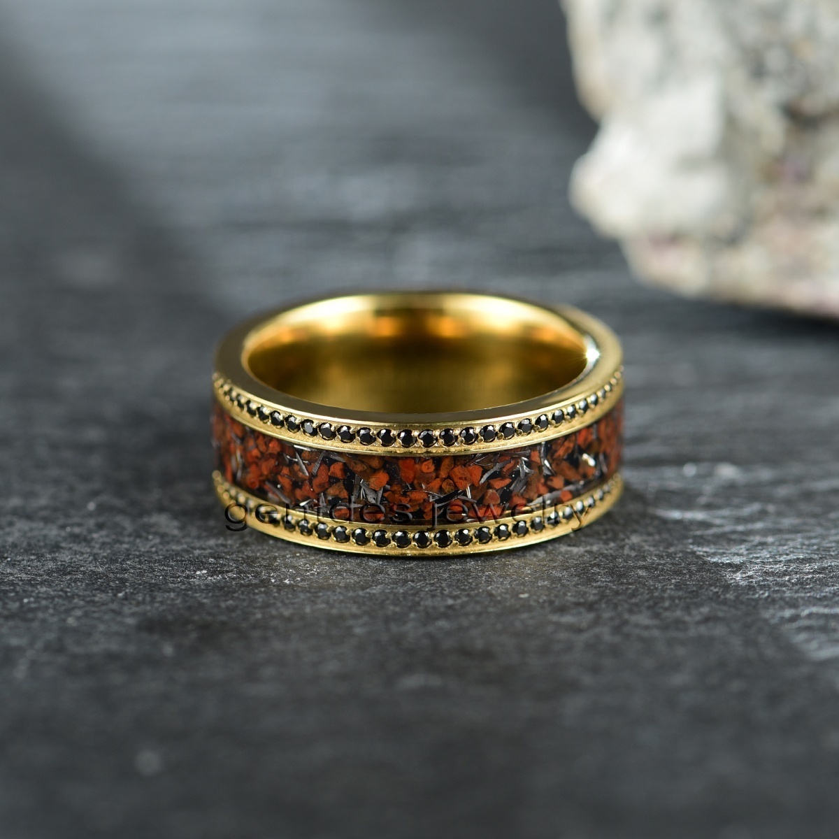 Gentdes Jewelry New Style Gold Titanium For Gift Dinosaur Bone And Meteorite Chip And CZ Stone On Two Side Inlay Titanium Ring