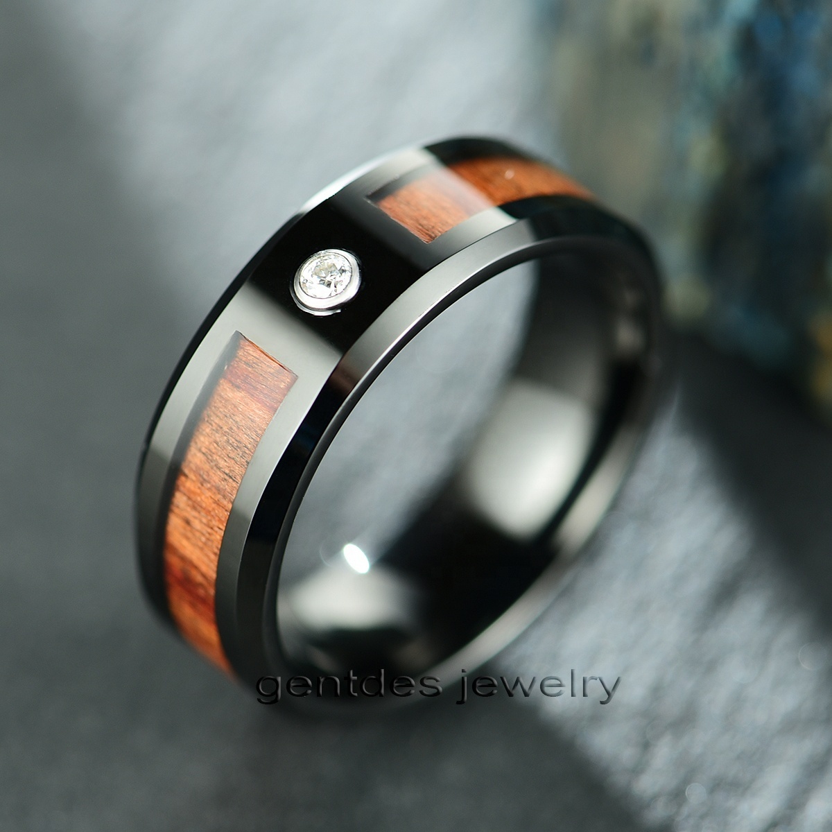 Gentdes Jewelry 8mm High Polished White Zircon Inlay Wood Tungsten Ring For Men Engagement Wedding Bands