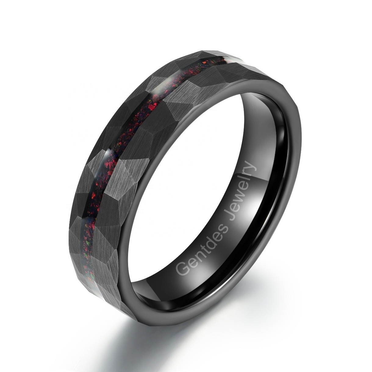 Gentdes Jewelry 6mm Black Tungsten Wedding Band Conform Fit Inlay Fire Opal For Men Women Tungsten Carbide Ring