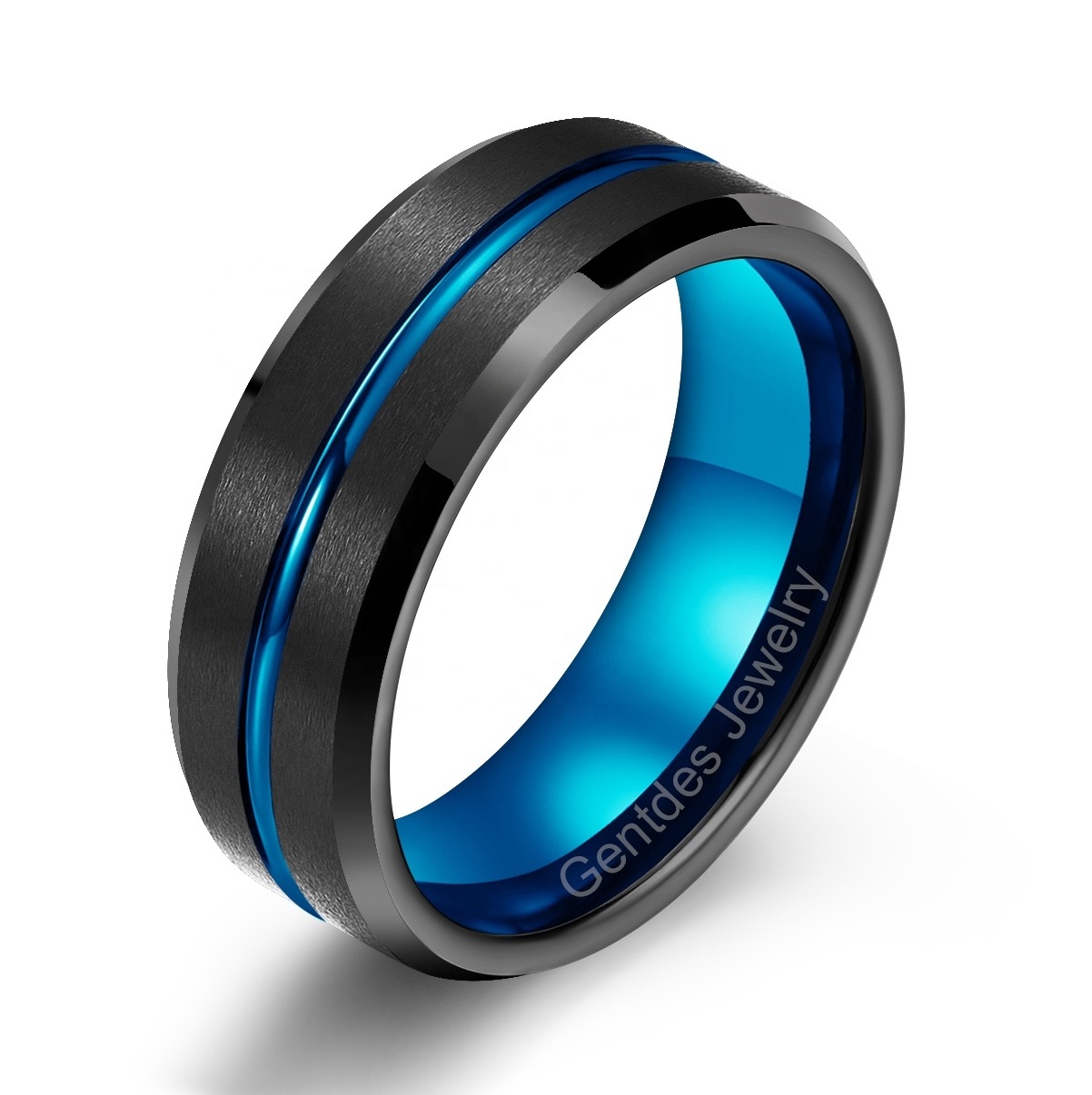 Gentdes Jewelry High Quality Tungsten Carbide Ring 8MM Black Band For Men Blue Plated Inner Ring Wholesale Jewelry