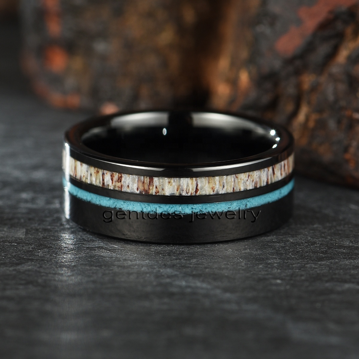 Gentdes Jewelry Custom Black Tungsten Inlay Turquoise And Antler Men's Wedding Ring Fashion Engagement Wedding Band