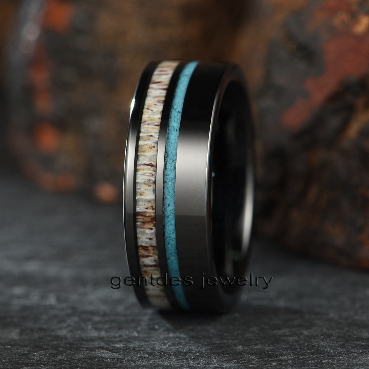 Gentdes Jewelry Custom Black Tungsten Inlay Turquoise And Antler Men's Wedding Ring Fashion Engagement Wedding Band