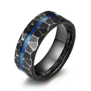 Gentdes Jewelry 8mm Black Hammered Tungsten Ring Blue Fishing Line Inlay Mens Tungsten Wedding Bands