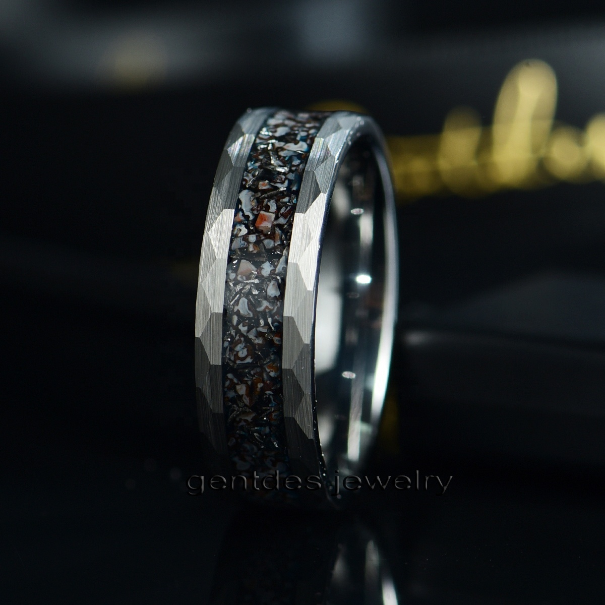 Gentdes Jewelry Natural Real Blue Dinosaur Ring Hammered Tungsten Ring Mens Tungsten Meteorite Ring Mens Tungsten Wedding Bands