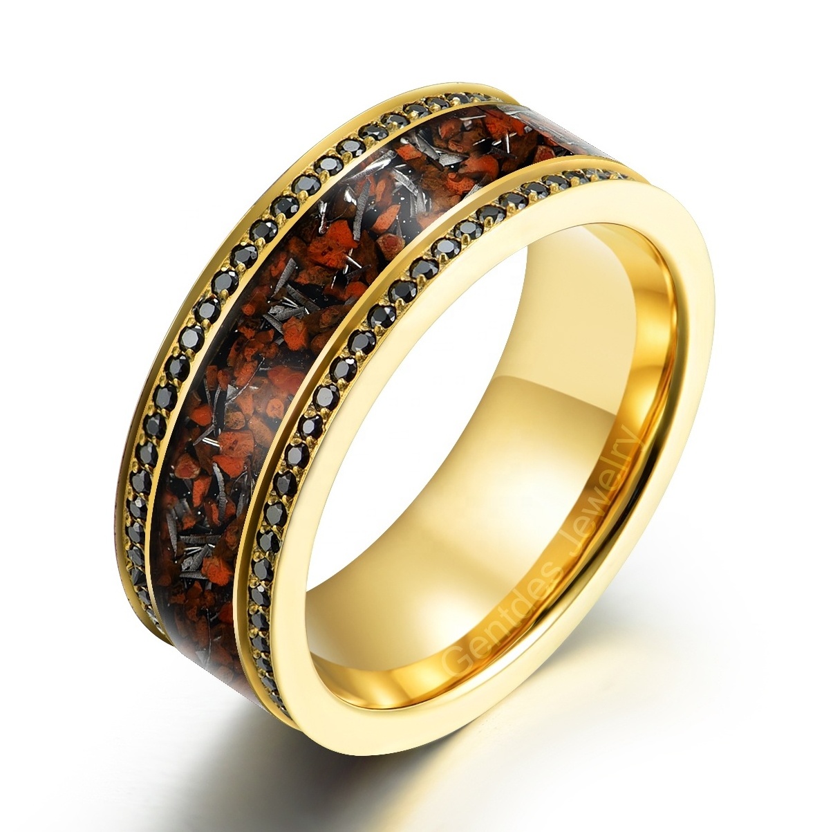 Gentdes Jewelry New Style Gold Titanium For Gift Dinosaur Bone And Meteorite Chip And CZ Stone On Two Side Inlay Titanium Ring