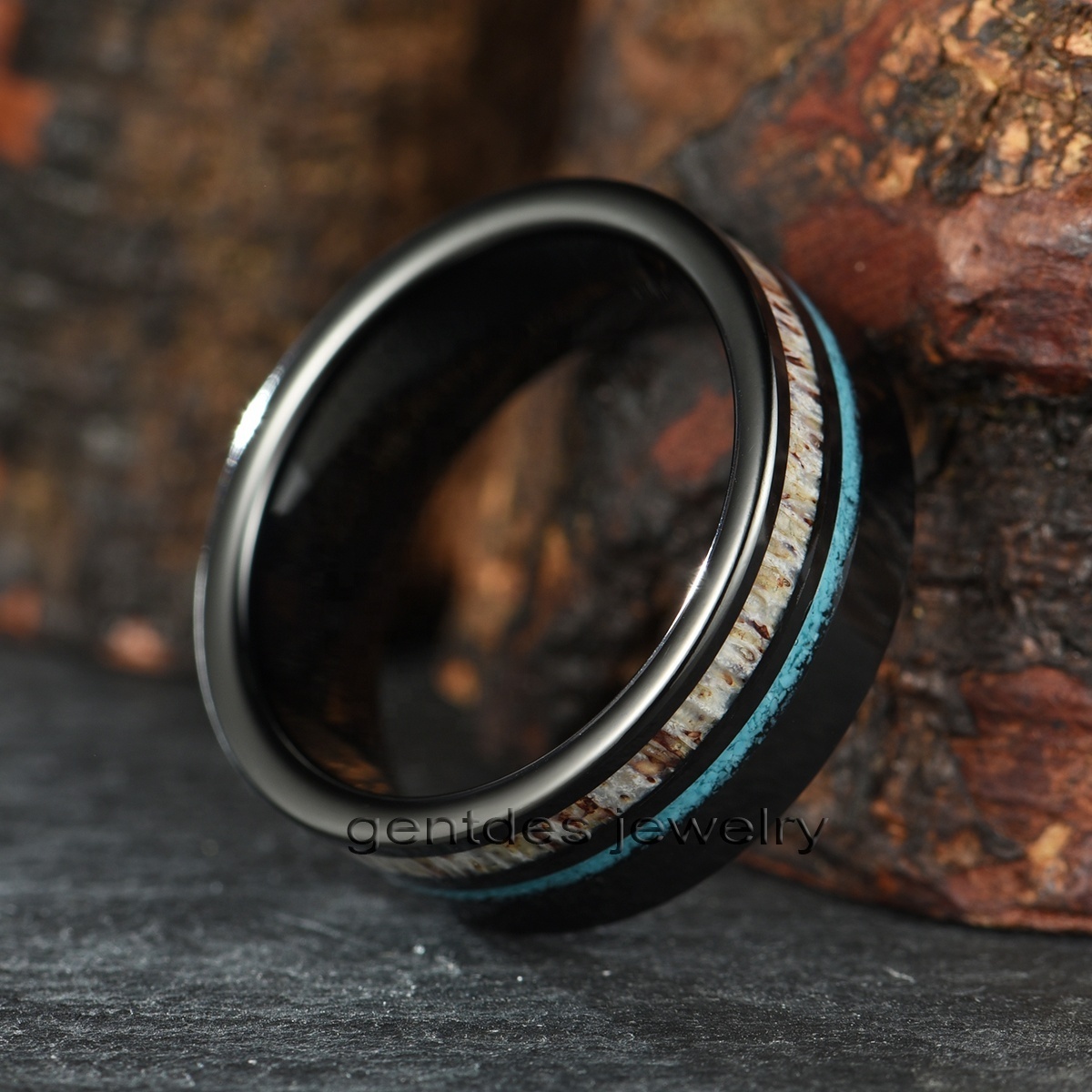 Gentdes Jewelry Custom Black Tungsten Inlay Turquoise And Antler Men's Wedding Ring Fashion Engagement Wedding Band