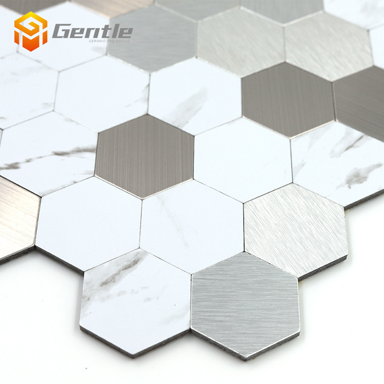 Kitchen Backsplash Bathroom Indoor Wall Mosaic Carrara White Mixed Silver Aluminum Composite hexagon Mosaic