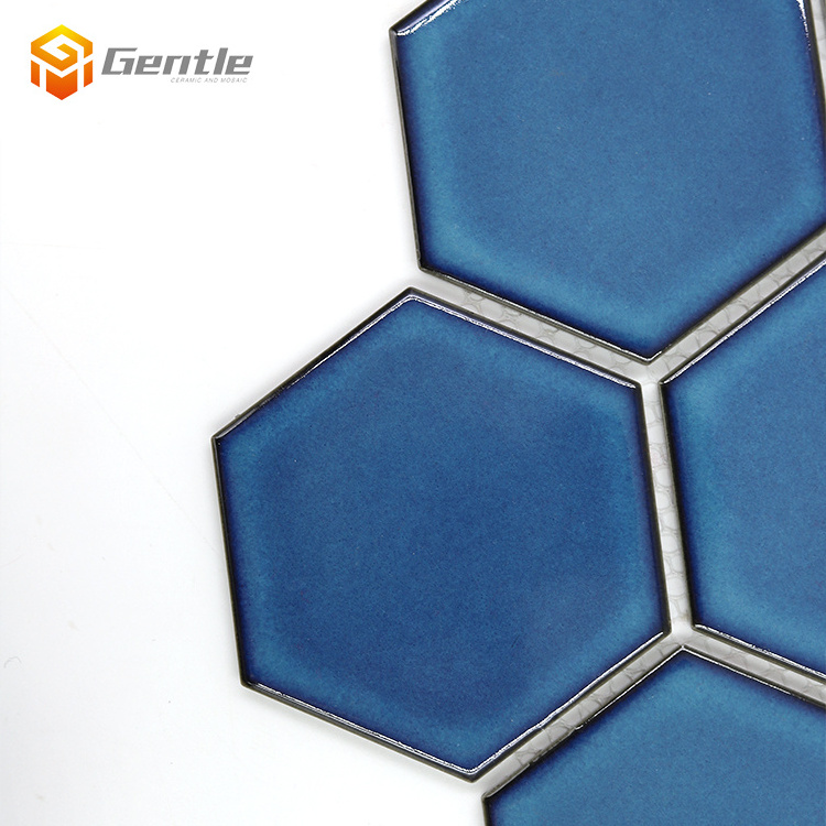 House decorative kitchen backsplash 6mm blue hexagon shape crystalline glaze ceramic mosaic tile for wall