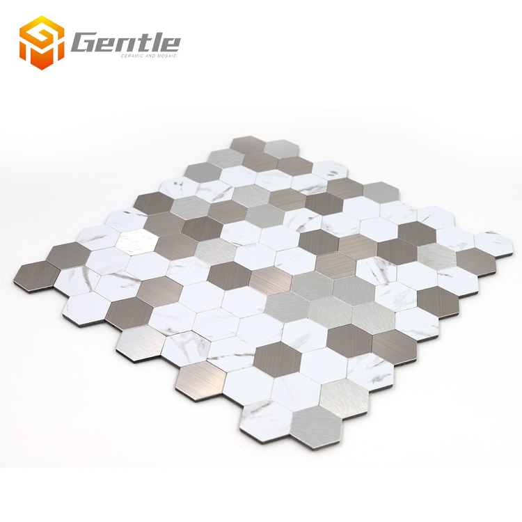 Kitchen Backsplash Bathroom Indoor Wall Mosaic Carrara White Mixed Silver Aluminum Composite hexagon Mosaic