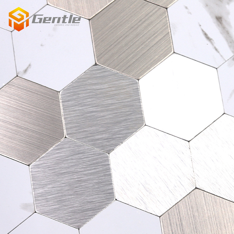 Kitchen Backsplash Bathroom Indoor Wall Mosaic Carrara White Mixed Silver Aluminum Composite hexagon Mosaic