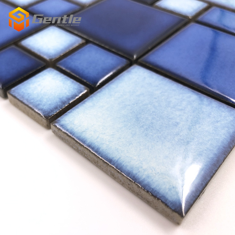 Home decor blue glossy 6mm ceramic mosaic peel and stick kitchen backsplash tile