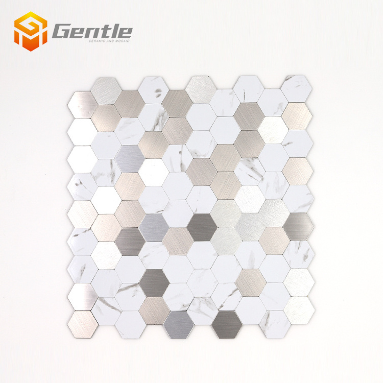 Kitchen Backsplash Bathroom Indoor Wall Mosaic Carrara White Mixed Silver Aluminum Composite hexagon Mosaic