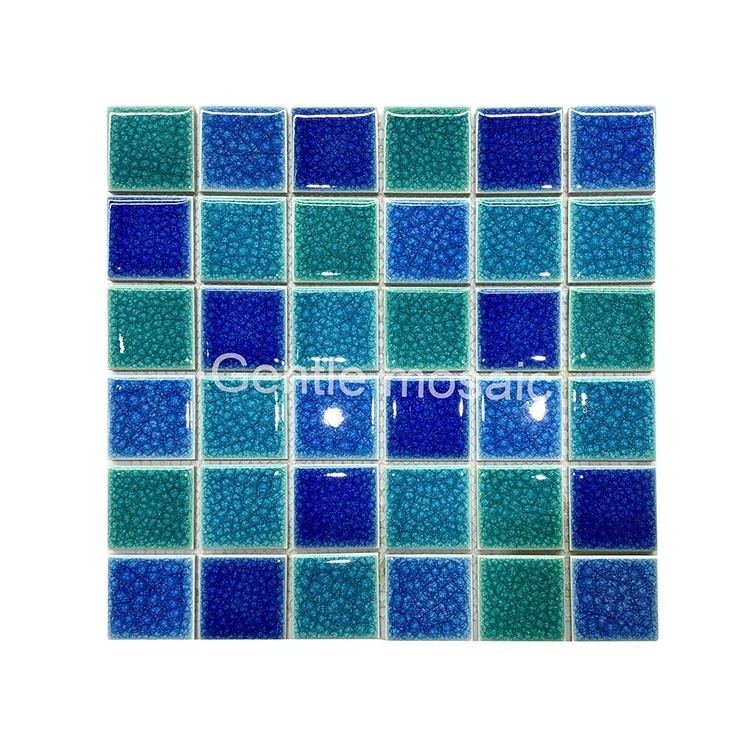 High quality 6mm swimming pool tiles ice cracked glazed  blue  mix green square shape ceramic mosaic tiles