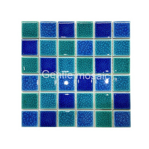 High quality 6mm swimming pool tiles ice cracked glazed  blue  mix green square shape ceramic mosaic tiles