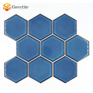 House decorative kitchen backsplash 6mm blue hexagon shape crystalline glaze ceramic mosaic tile for wall