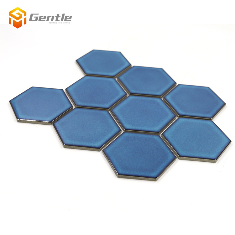 House decorative kitchen backsplash 6mm blue hexagon shape crystalline glaze ceramic mosaic tile for wall