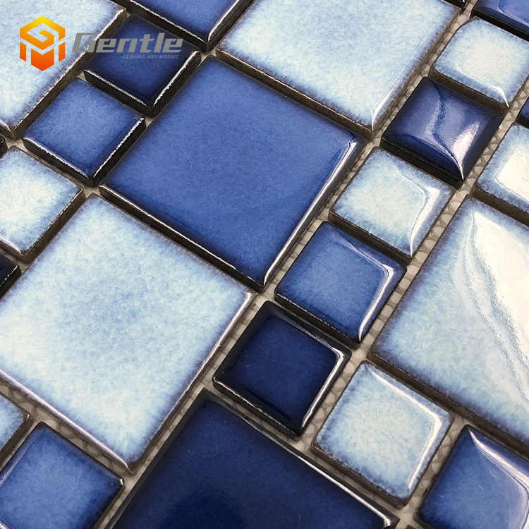 Home decor blue glossy 6mm ceramic mosaic peel and stick kitchen backsplash tile