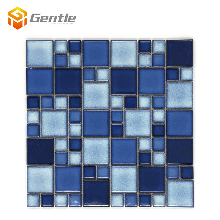 Home decor blue glossy 6mm ceramic mosaic peel and stick kitchen backsplash tile