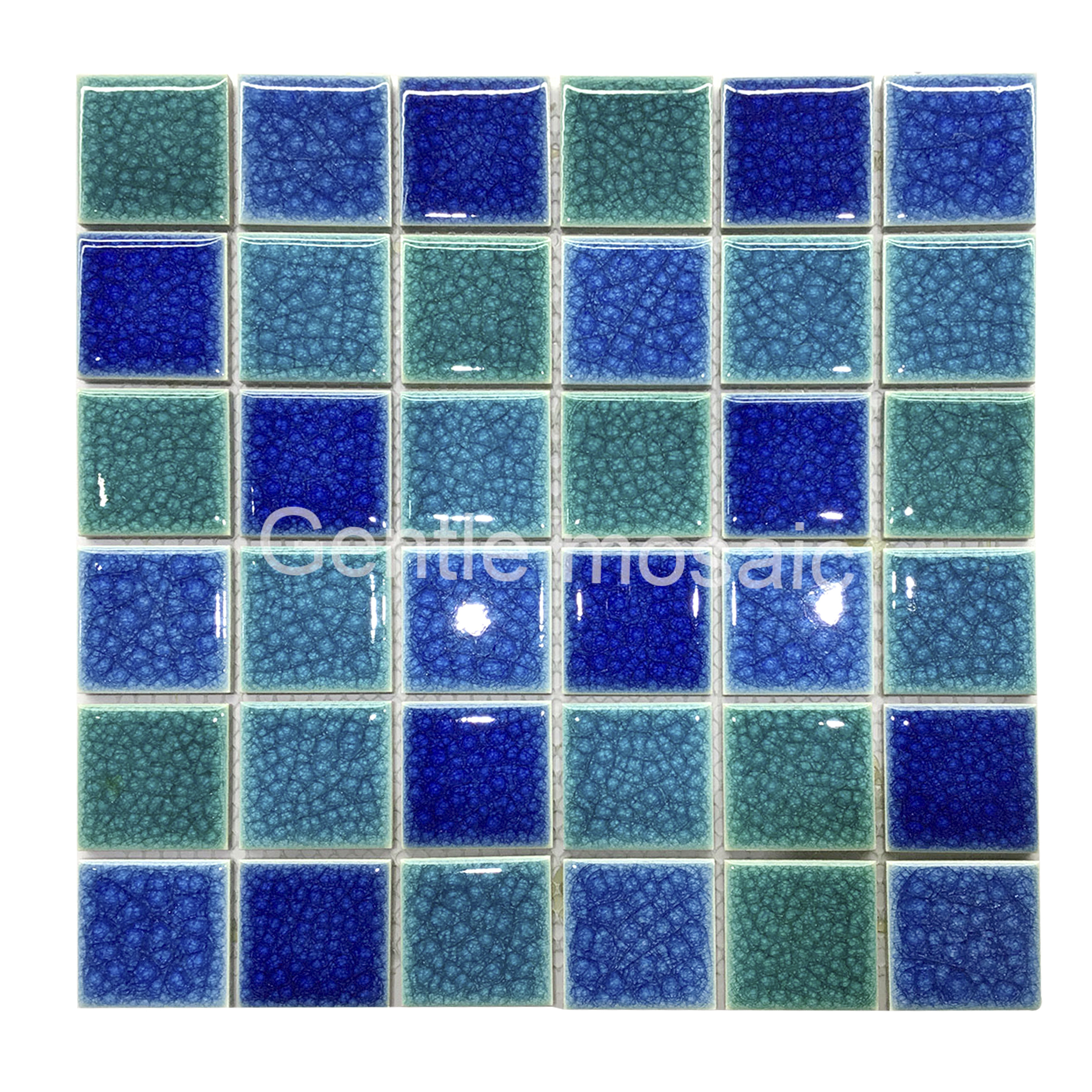 High quality 6mm swimming pool tiles ice cracked glazed  blue  mix green square shape ceramic mosaic tiles