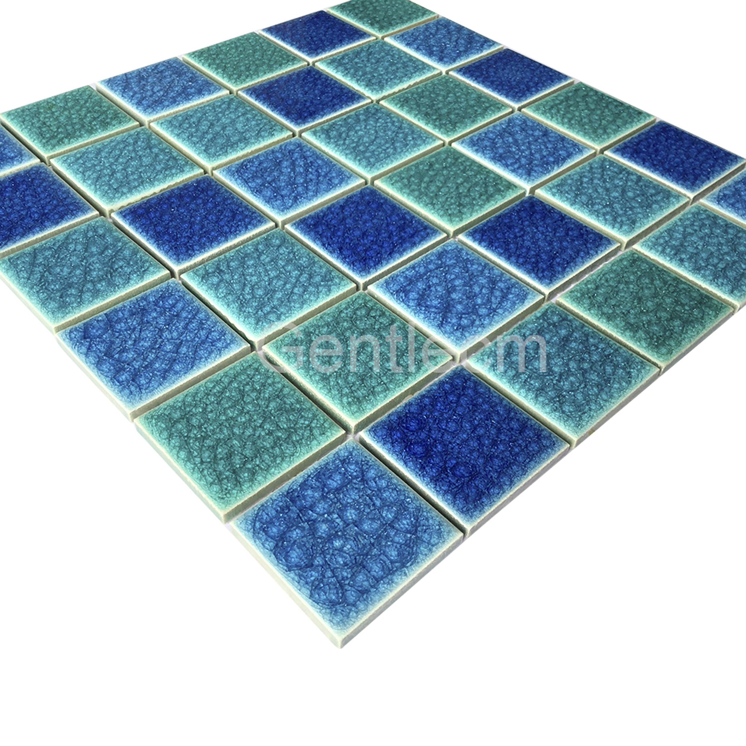 High quality 6mm swimming pool tiles ice cracked glazed  blue  mix green square shape ceramic mosaic tiles