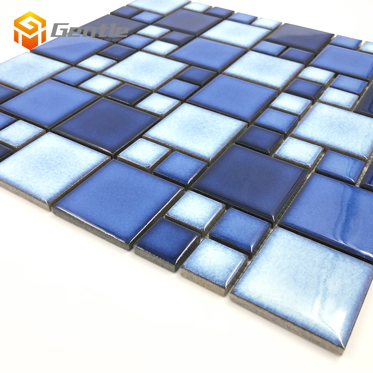 Home decor blue glossy 6mm ceramic mosaic peel and stick kitchen backsplash tile