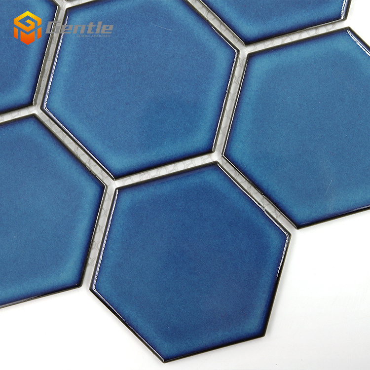 House decorative kitchen backsplash 6mm blue hexagon shape crystalline glaze ceramic mosaic tile for wall