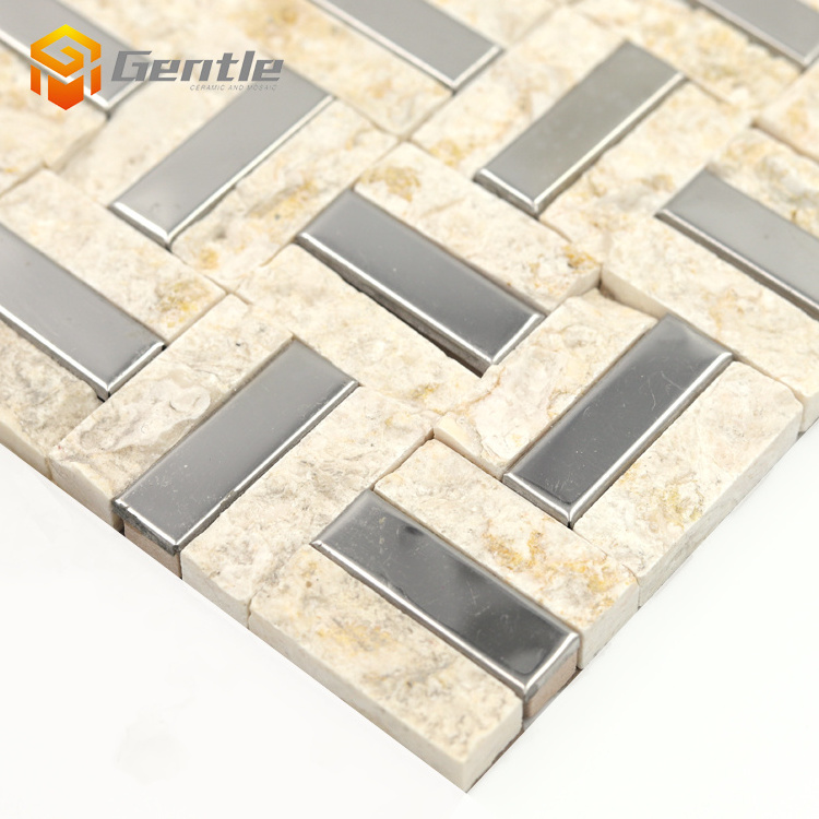 Basketweave stone Mosaic for Kitchen backsplash Bathroom Chiseled and Stainless steel surface Basketweave stone Mosaic Wall