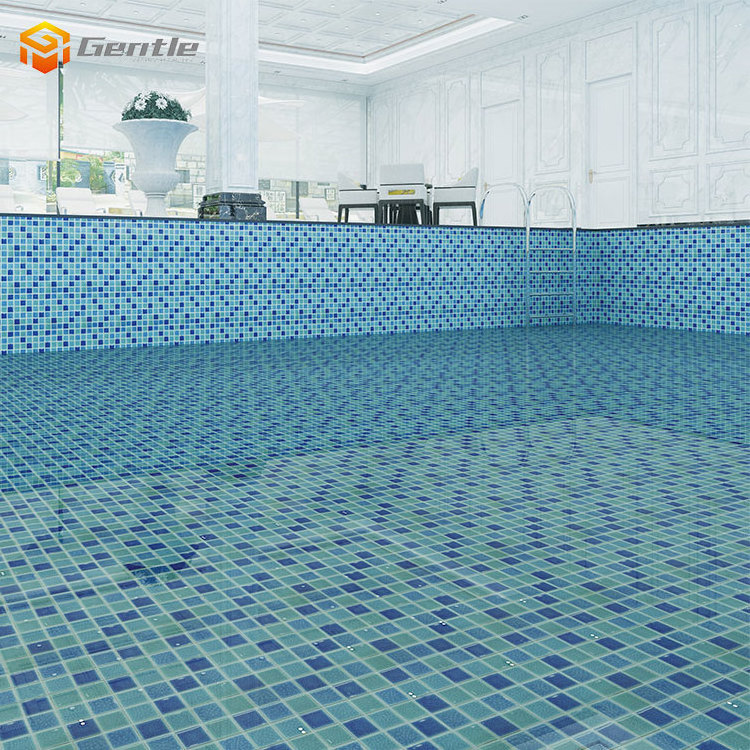 High quality 6mm swimming pool tiles ice cracked glazed  blue  mix green square shape ceramic mosaic tiles