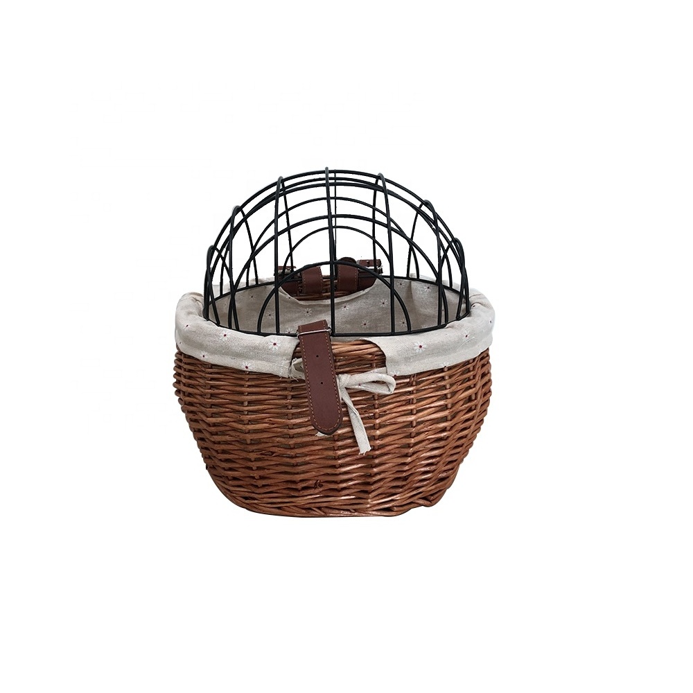 Factory hot selling brown color wicker bike basket safety carry pet dog retro bike bicycle basket with leather handle