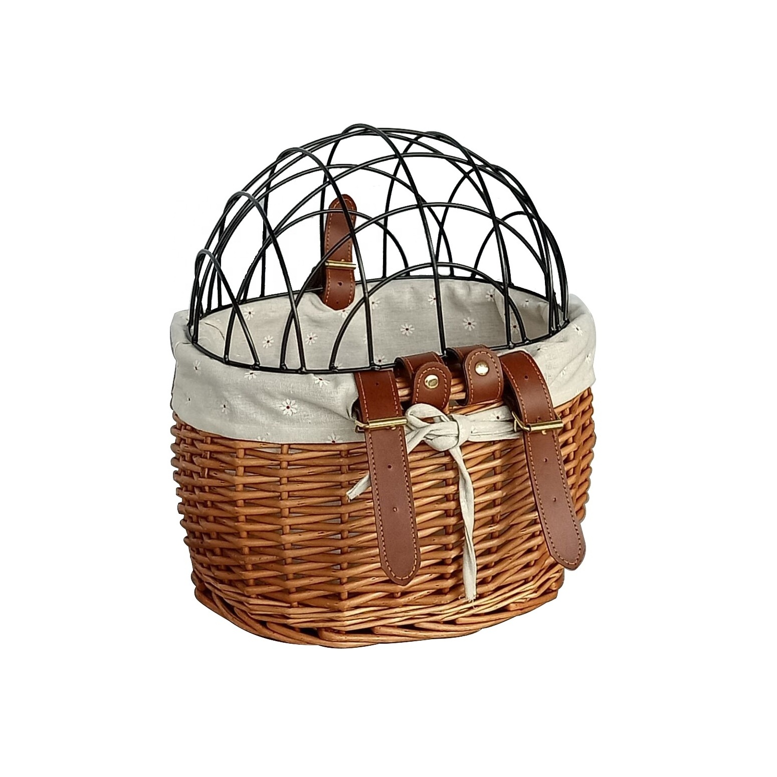 Factory hot selling brown color wicker bike basket safety carry pet dog retro bike bicycle basket with leather handle