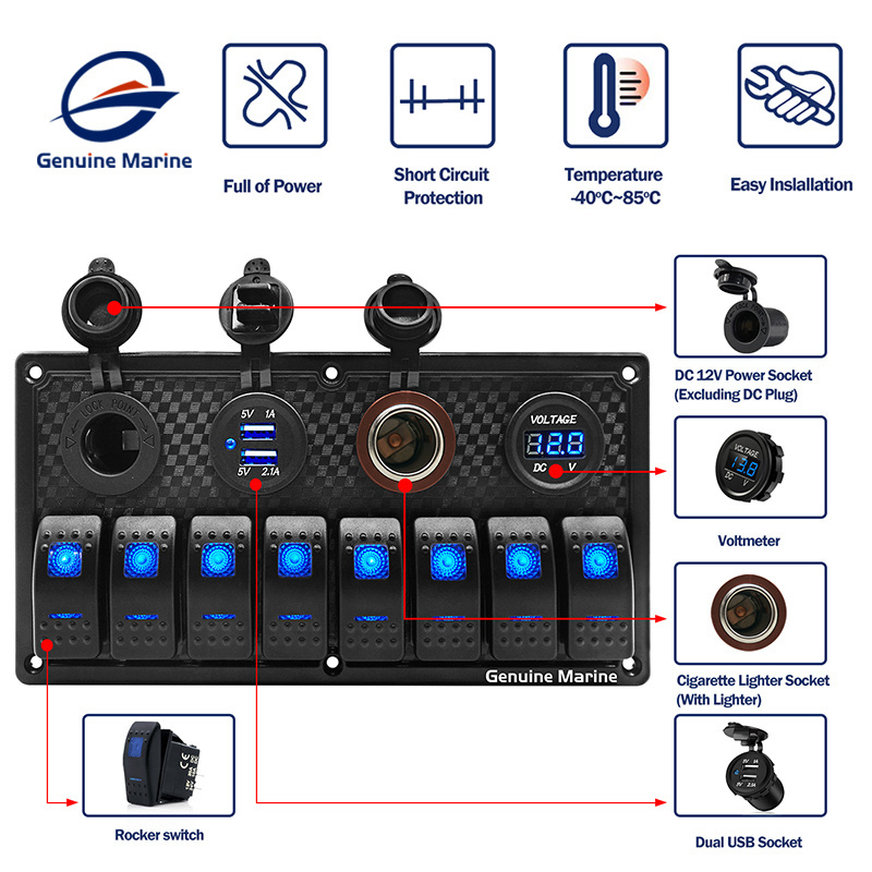 Genuine Marine Waterproof 12V 24v ON/Off Pre-Wired Toggle 8 Gang Mount Rocker Boat Marine Control ABS Switch Panel