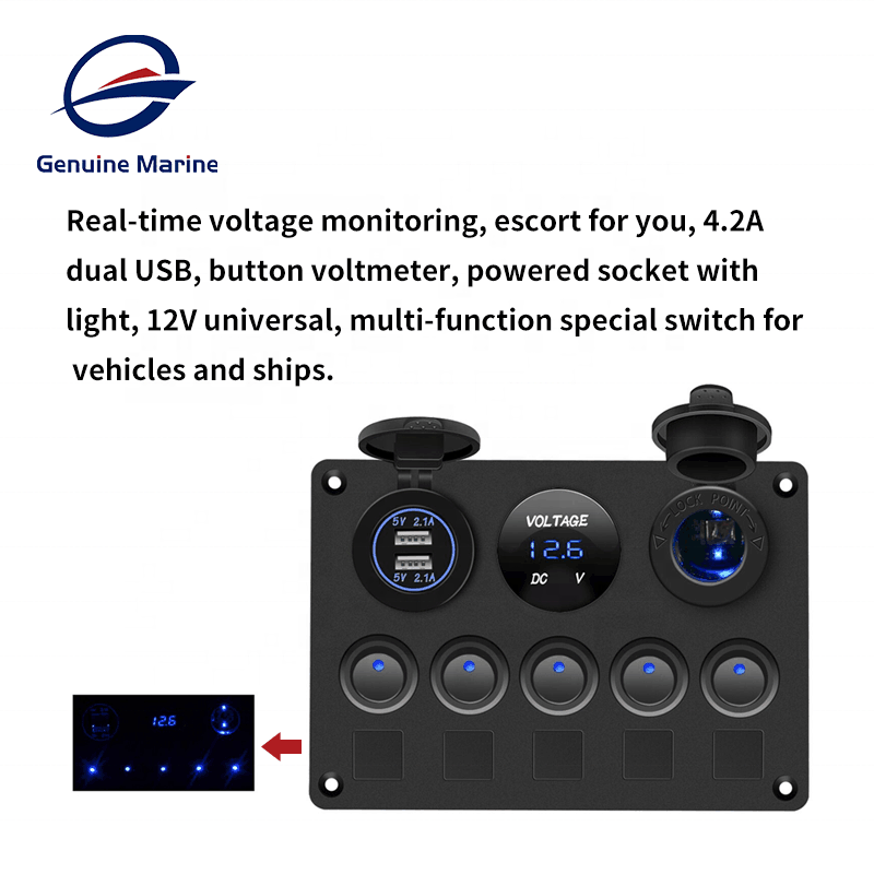 5 Gang 12V Led Voltage Monitoring 4.2A Dual Usb Waterproof Boat Car Rocker Marine Switch Panel