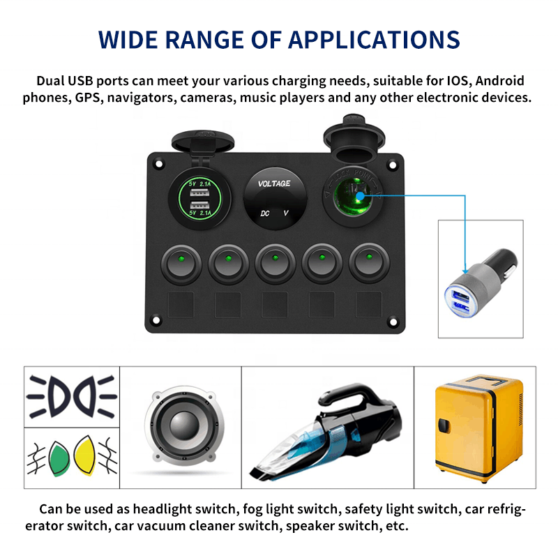 5 Gang 12V Led Voltage Monitoring 4.2A Dual Usb Waterproof Boat Car Rocker Marine Switch Panel